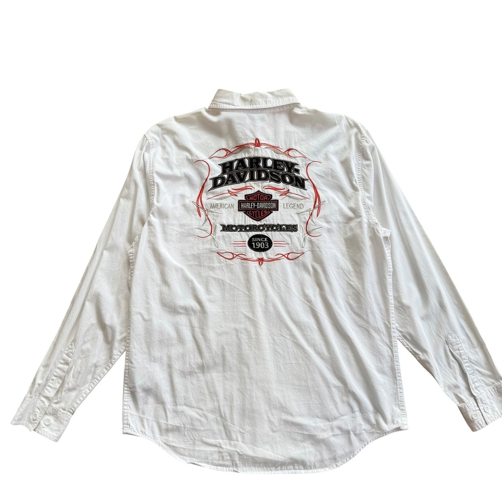 Harley Davidson White Embroidered Button Down‎ Shirt Mens Large Long Sleeve Logo
